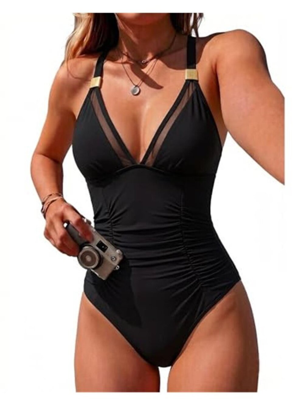 Black Mesh V Neck One Piece Swimsuit Tummy Control High Cut Swimwear